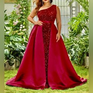 #415-2 Pc. Red/Burgundy Velvet/Sequins one Shoulder Gown/Detach Satin train-3X